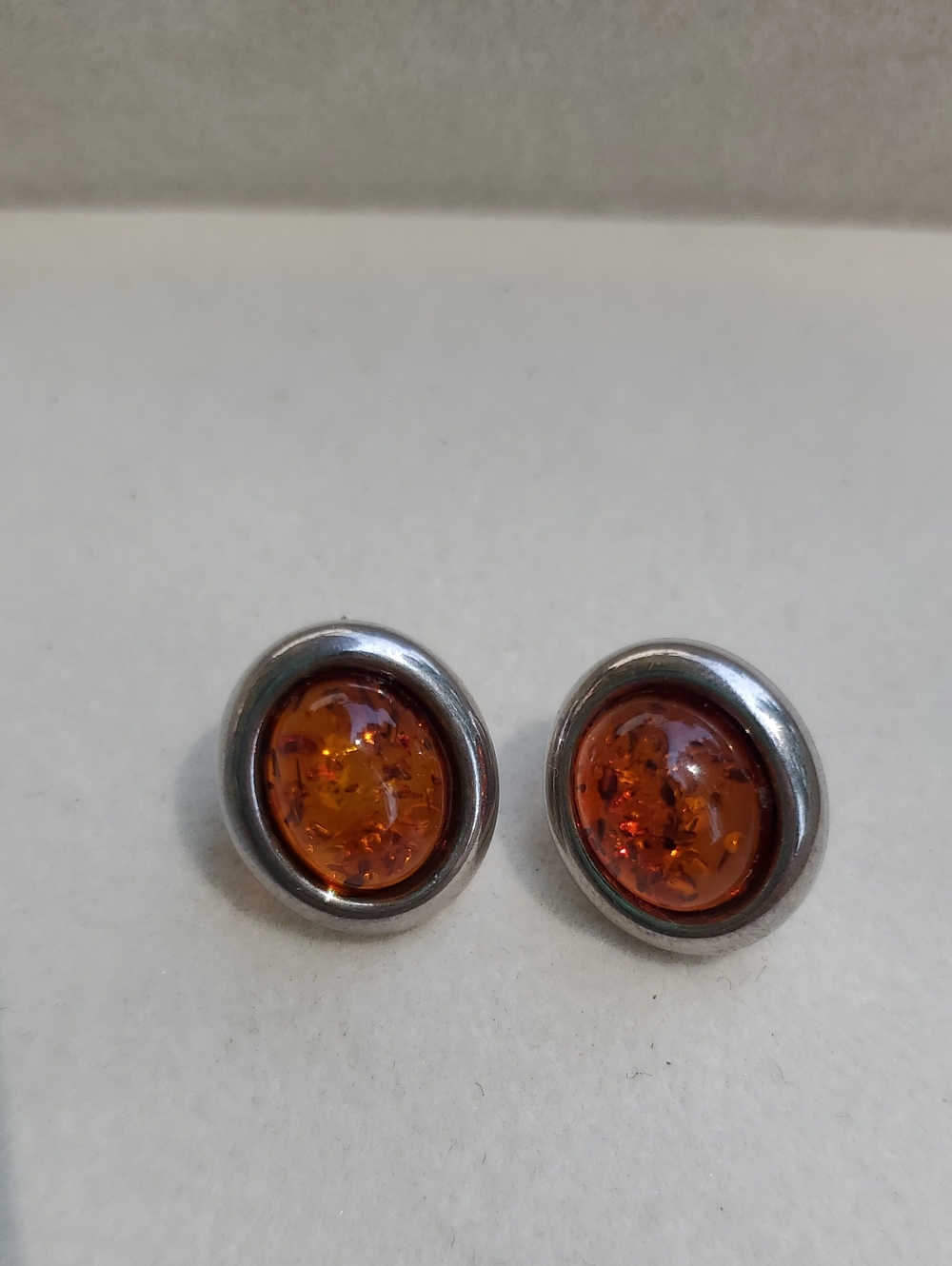 Amber Cabochon Sterling Silver Round Stud Earrings